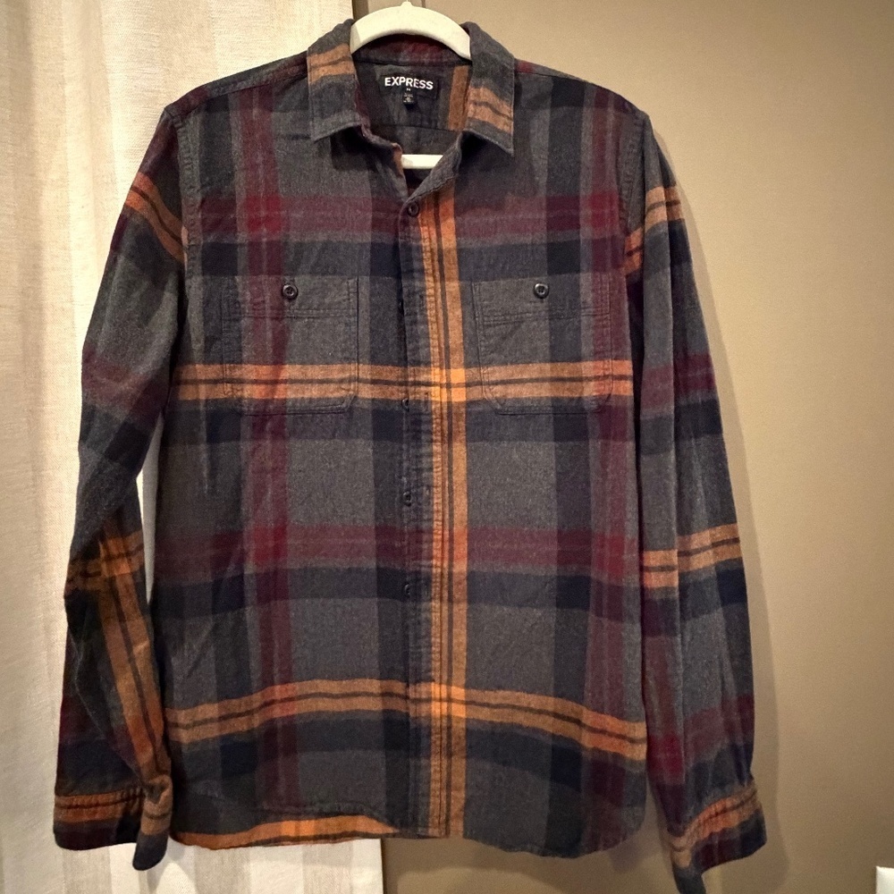 Express Men's Flannel Gray & Orange, Long Sleeve, Button Down, Size Medium